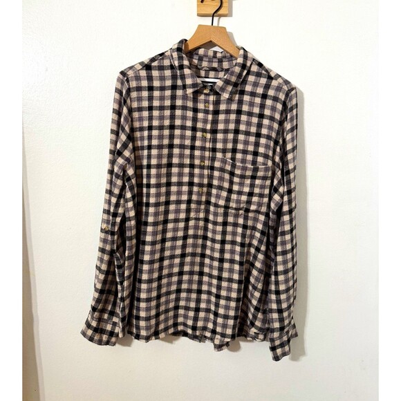 pistola Tops - Pistola Check Plaid Popover Top Blouse Black Cream Button Women XL Flannel